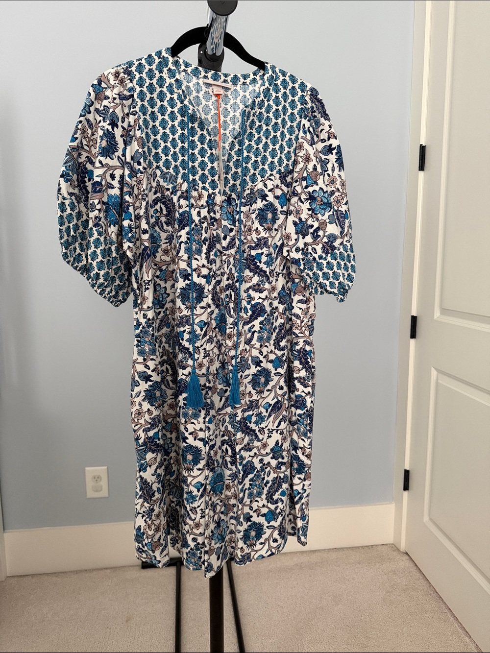 Knox Rose Blue Floral Midi Dress with Tassel Tie